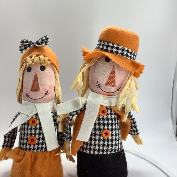 Vtg Fabric Scarecrow Dolls Houndstooth Outfits Straw Hair 12" Tall Fall Harvest - Picture 2 of 5